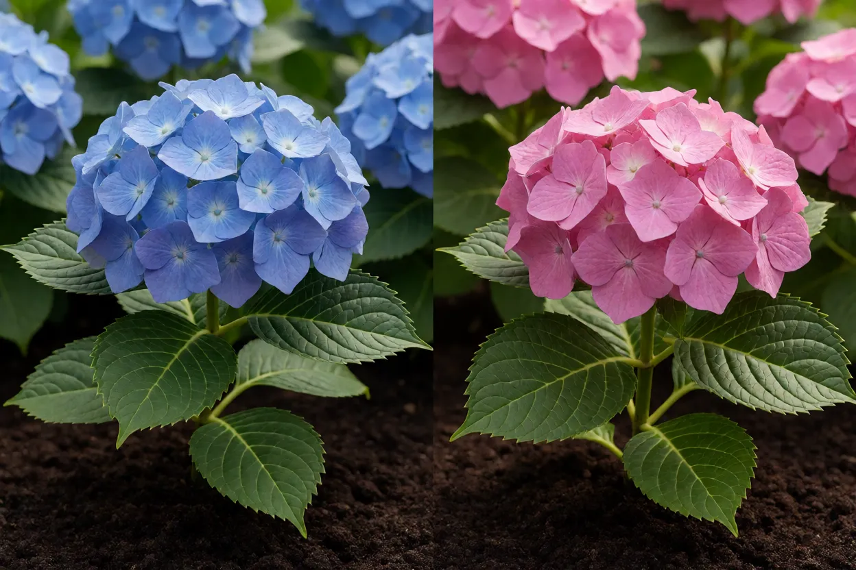 Compara&ccedil;&atilde;o de flores de hort&ecirc;nsia azul em solo &aacute;cido e rosa em solo alcalino