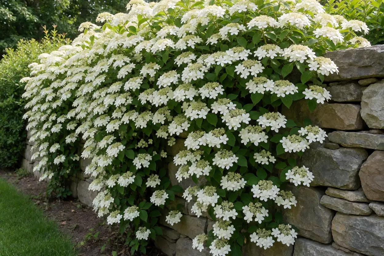 Hortênsia-trepadeira adulta cobrindo muro de pedra com flores brancas