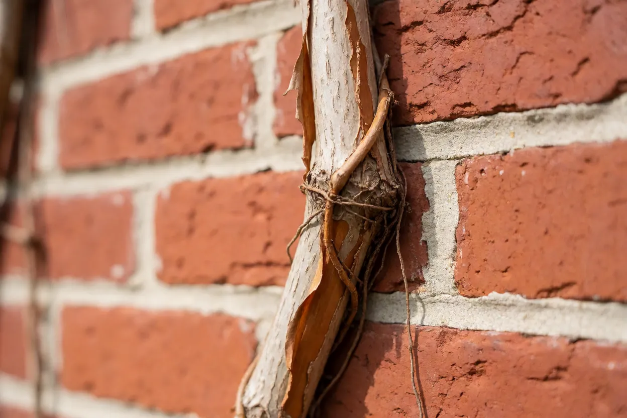 Caule da hortênsia-trepadeira com raízes aéreas fixadas em muro de tijolos