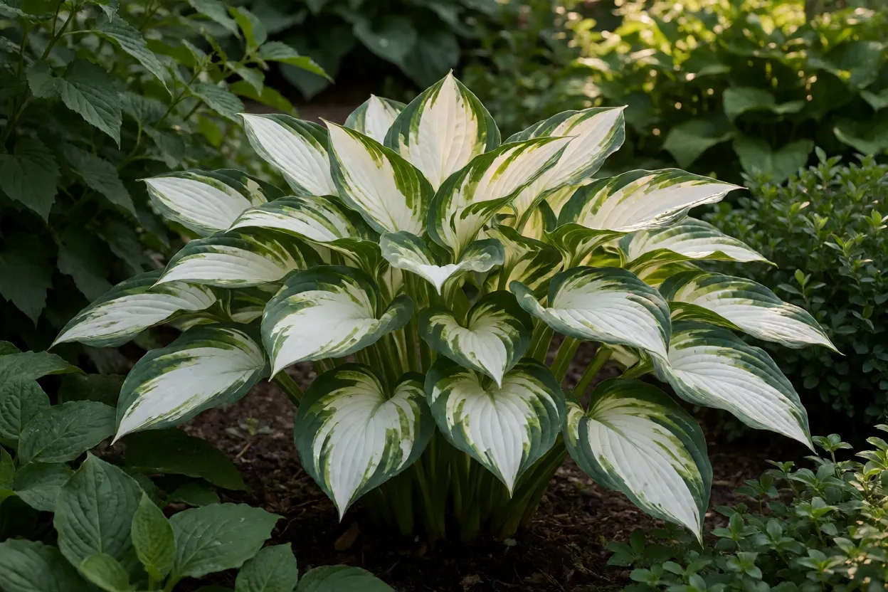 Hosta adulta com folhas grandes variegadas em canteiro sombreado