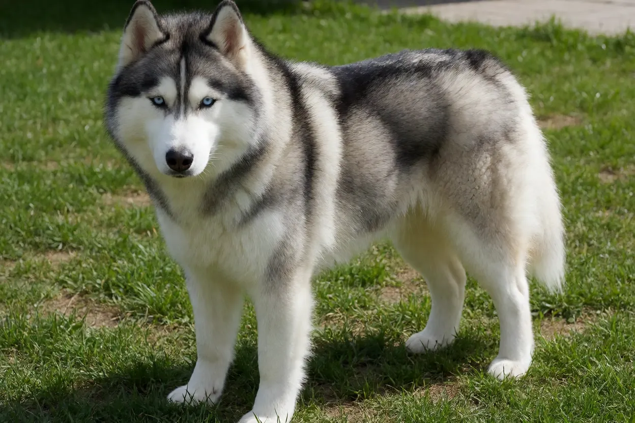 Husky Siberiano adulto de corpo inteiro em pé na grama, pelagem cinza e branca com máscara facial