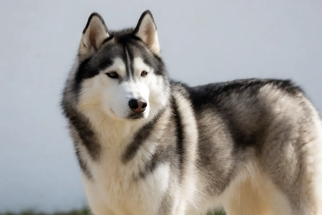 Husky Siberiano adulto em p&eacute; mostrando pelagem densa e postura elegante