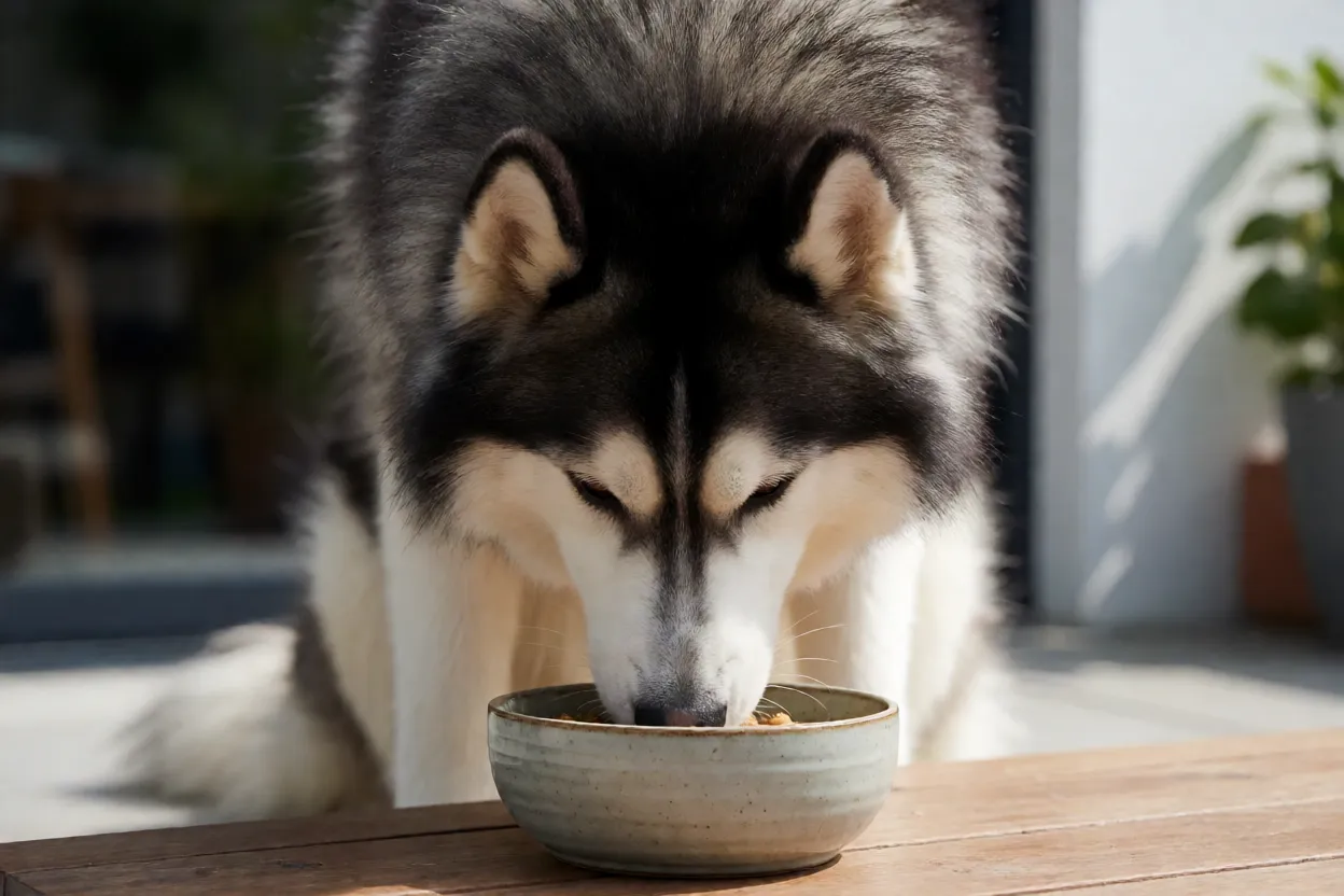 Husky Siberiano adulto comendo ra&ccedil;&atilde;o em tigela