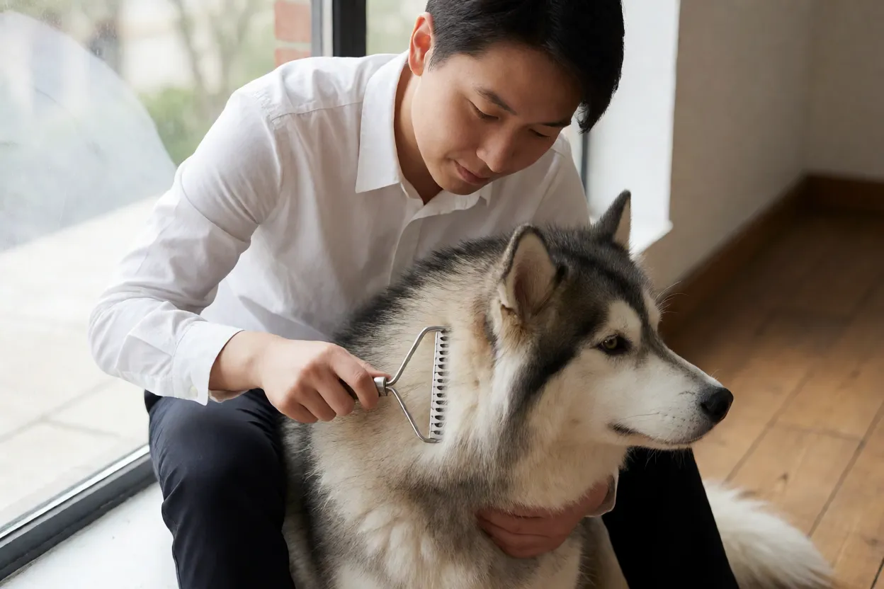 Escova&ccedil;&atilde;o de Husky Siberiano removendo subpelo durante a muda