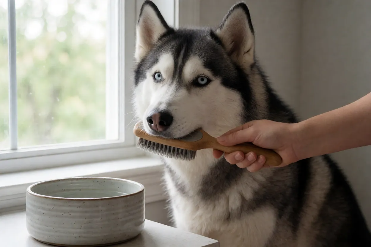 Husky Siberiano em rotina di&aacute;ria de cuidados