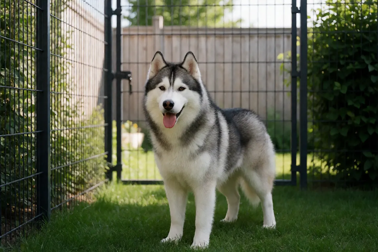 Husky Siberiano em quintal seguro com cerca alta