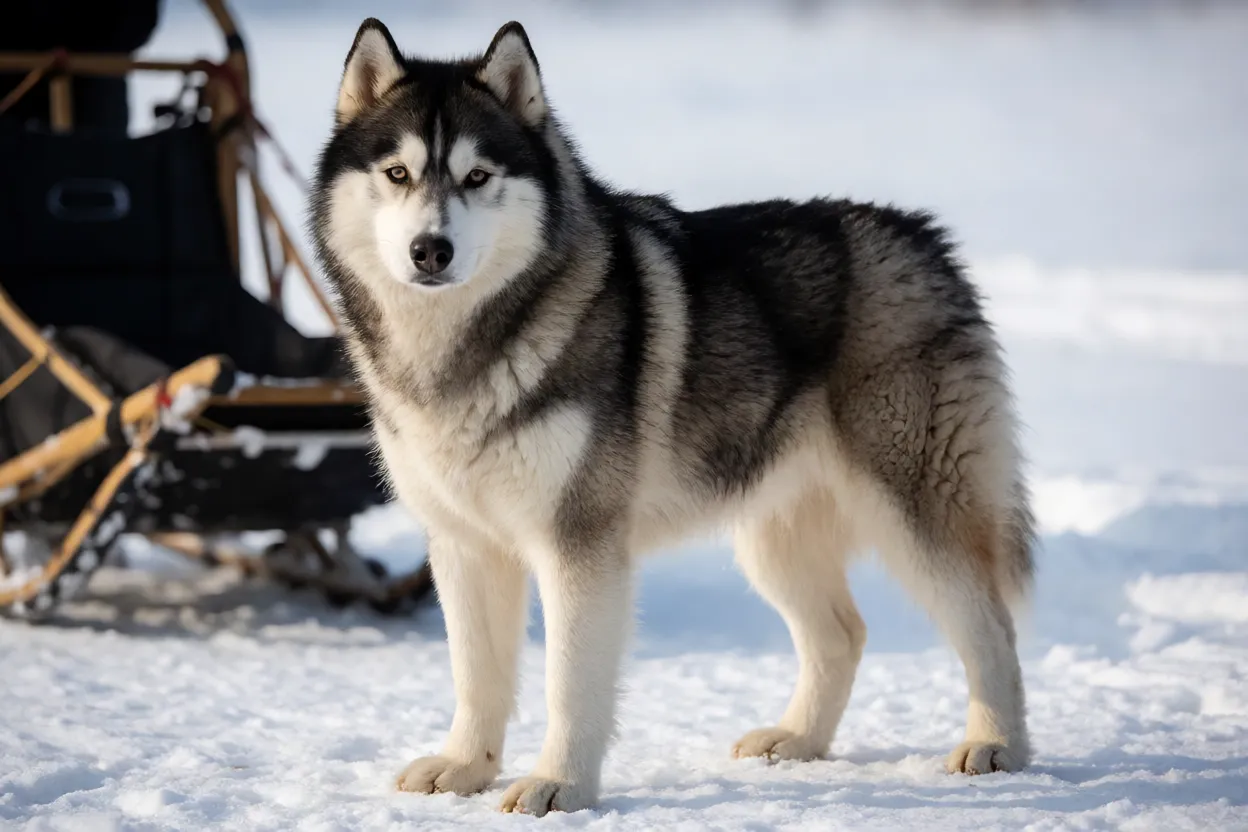 Husky Siberiano hist&oacute;rico em ambiente de neve com tren&oacute;