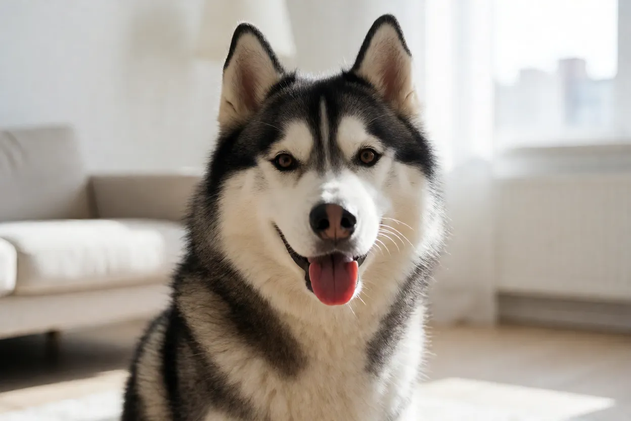 Husky Siberiano brincando com express&atilde;o alegre e amig&aacute;vel