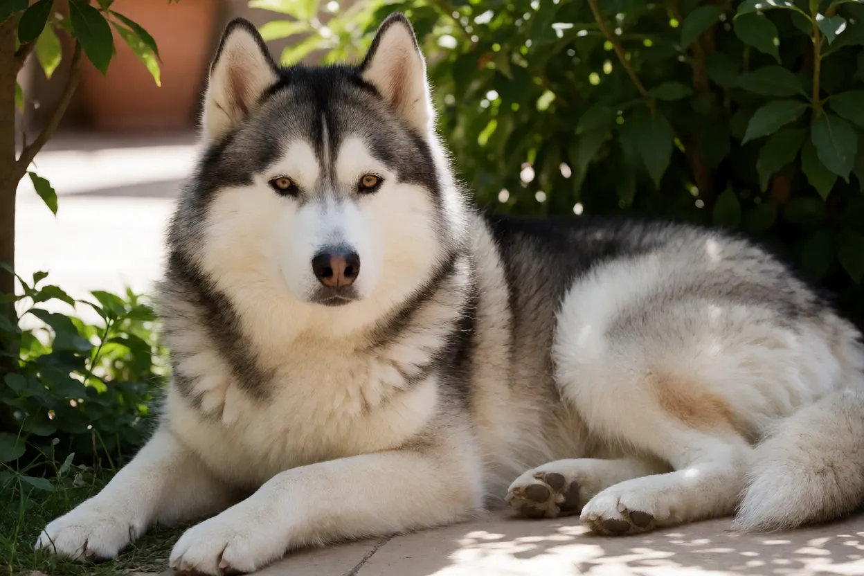 Husky Siberiano deitado em sombra com pelagem intacta no ver&atilde;o