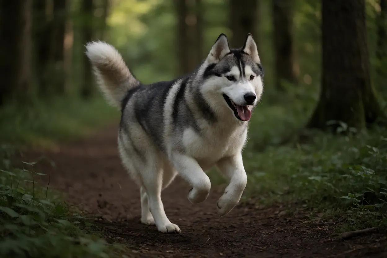 Husky Siberiano correndo em trilha sombreada