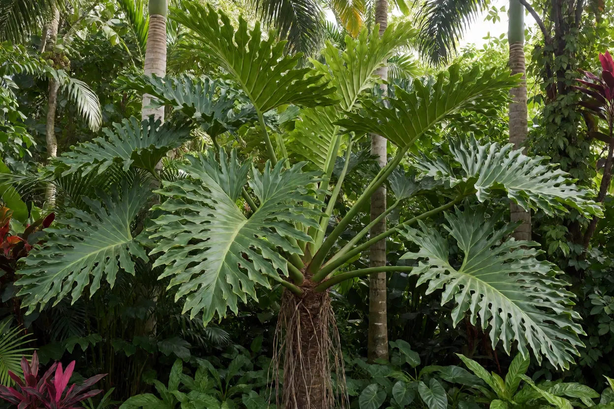 Imbé adulto com folhas grandes recortadas e raízes aéreas em jardim tropical