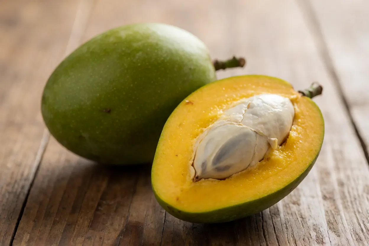 Frutos de imbu inteiros e cortado ao meio mostrando polpa suculenta e caroço