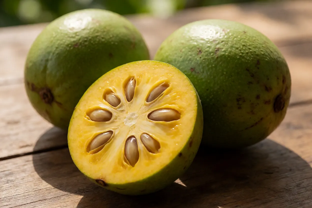 Frutos de imbu-cajá inteiros e cortado ao meio mostrando polpa amarela