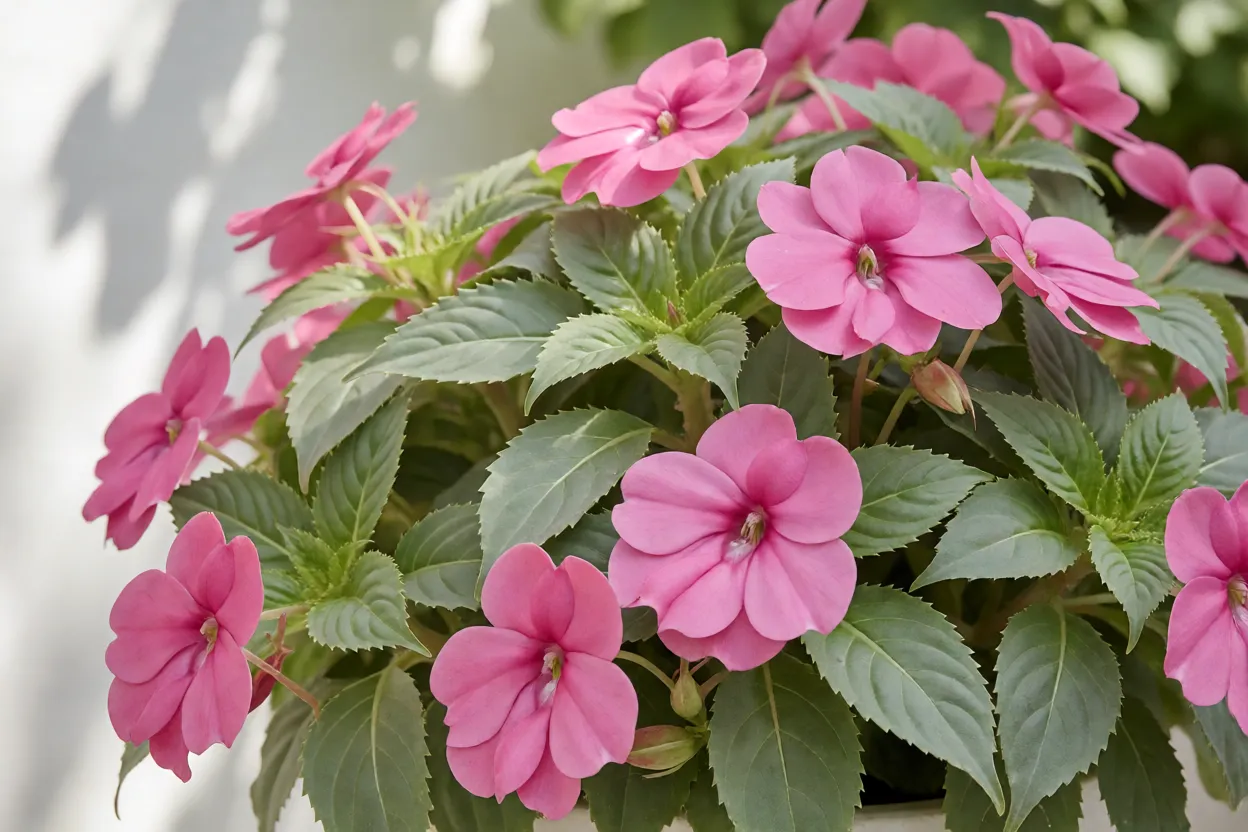 Impatiens walleriana com flores rosa e folhas verdes em meia-sombra