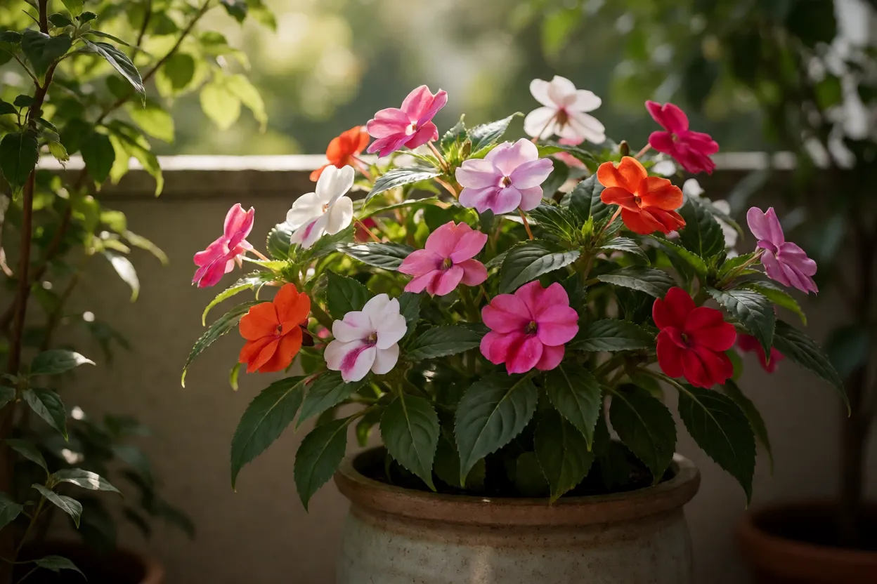 Impatiens em vaso de varanda sombreada