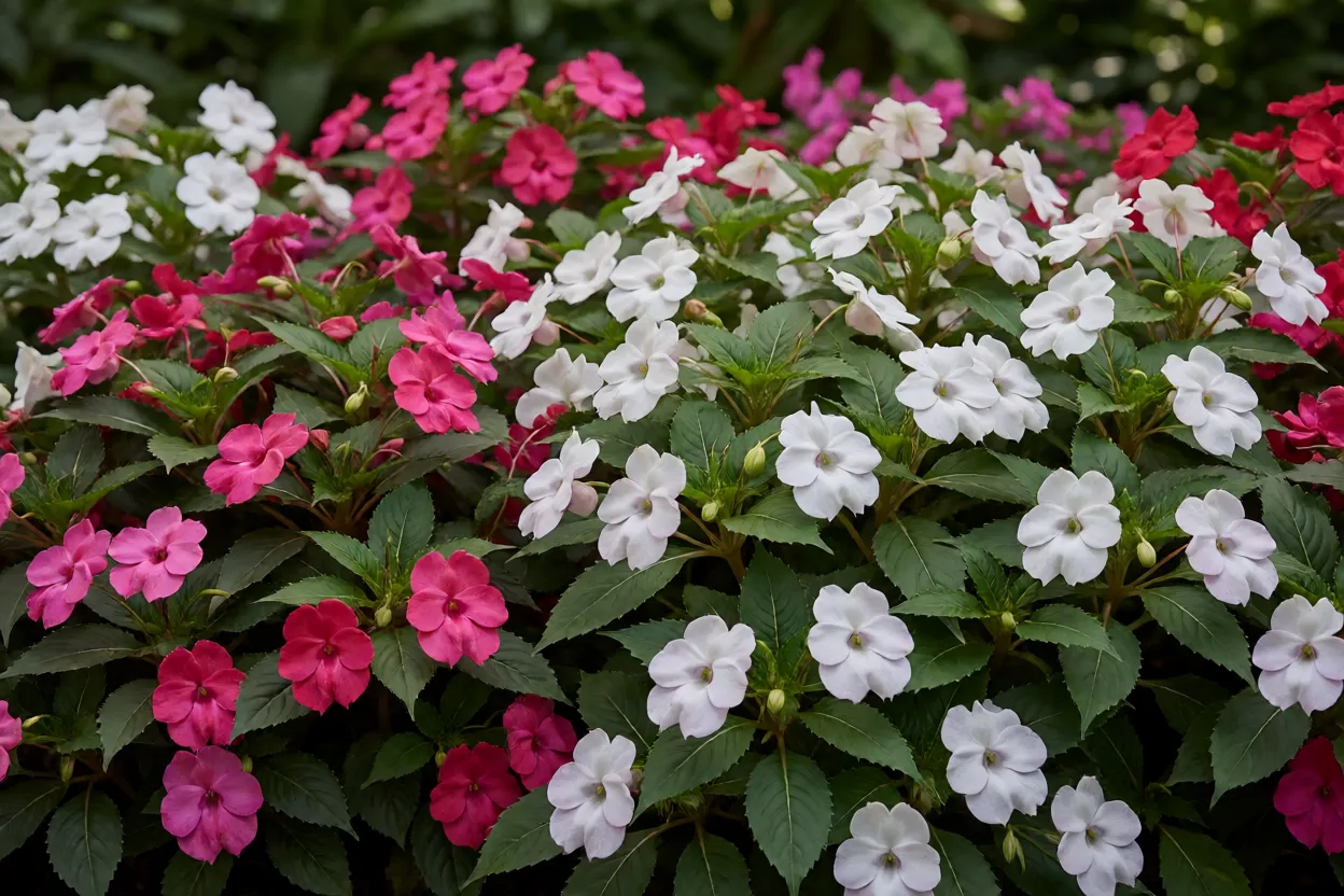 Canteiro florido de Impatiens em jardim sombreado brasileiro