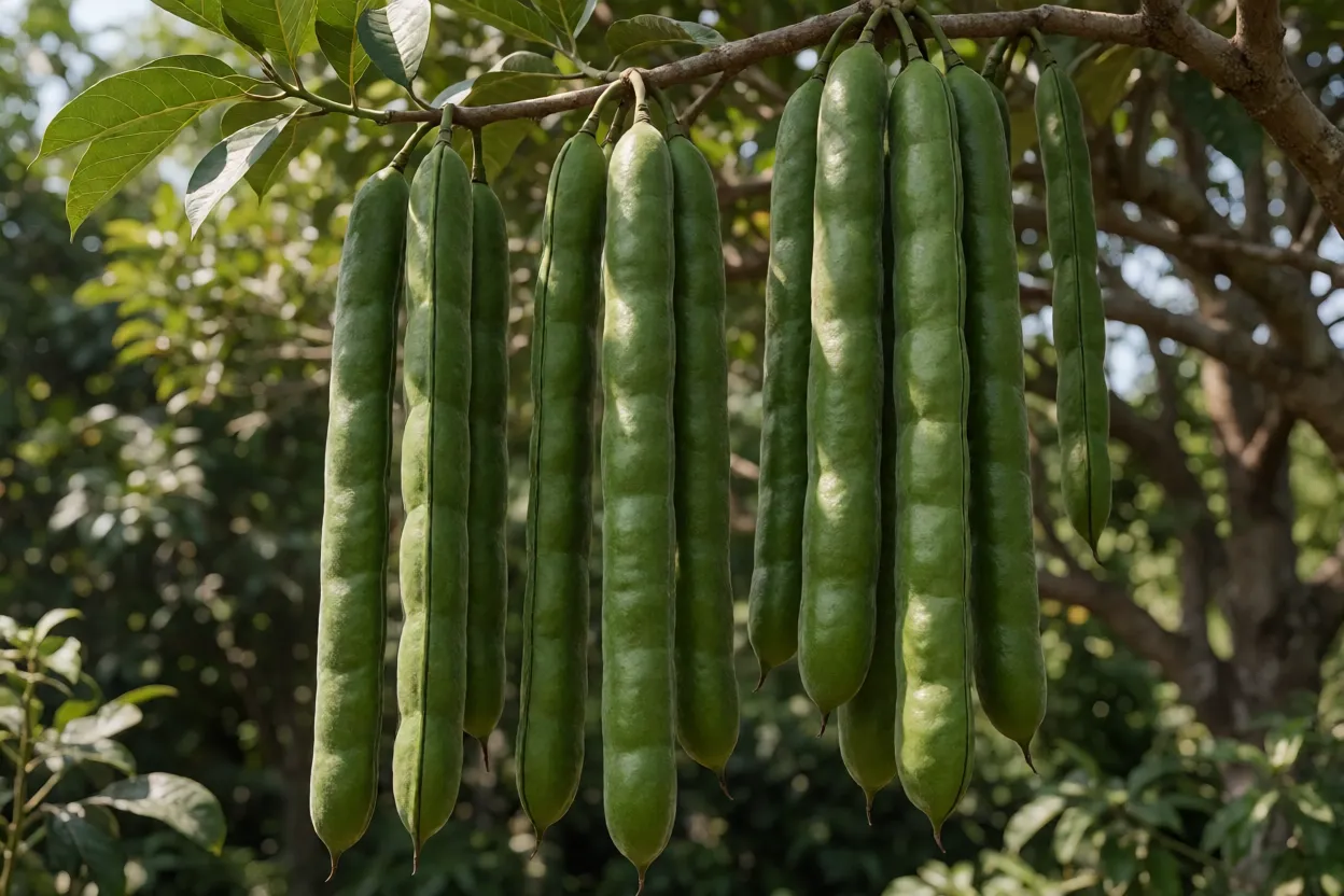 Vagens longas e cilíndricas do ingá-cipó pendentes na árvore