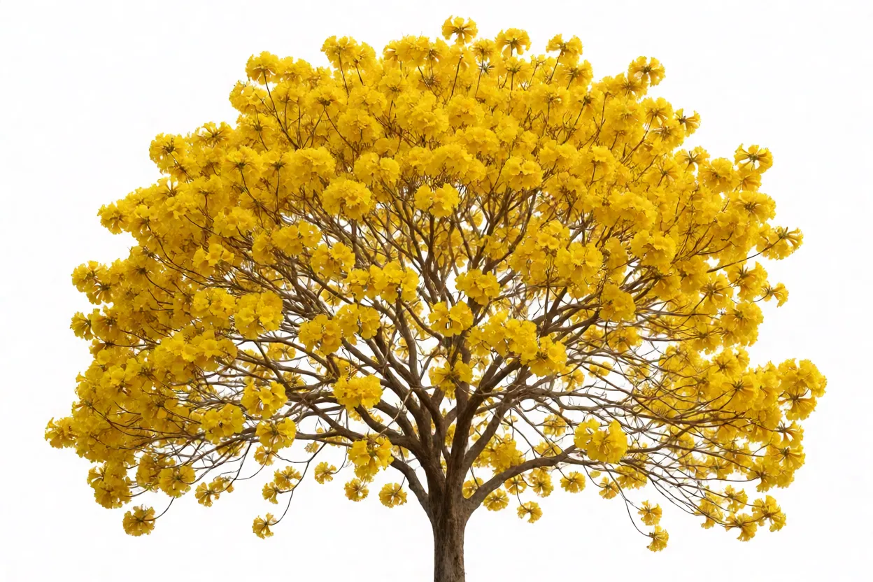 Ipê-amarelo adulto em plena floração com copa totalmente amarela sem folhas