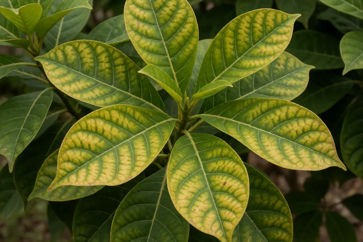 Folhas de ip&ecirc;-amarelo com sinais de estresse h&iacute;drico