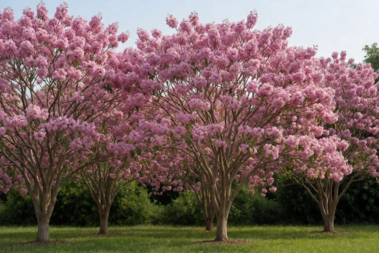Paisagem com v&aacute;rios ip&ecirc;s-rosa em flora&ccedil;&atilde;o simult&acirc;nea