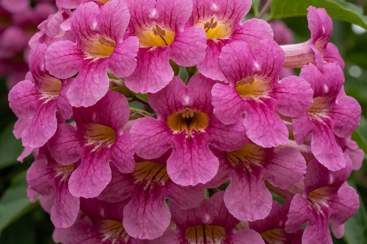 Cacho de flores rosa-magenta do ipê-rosa em detalhe