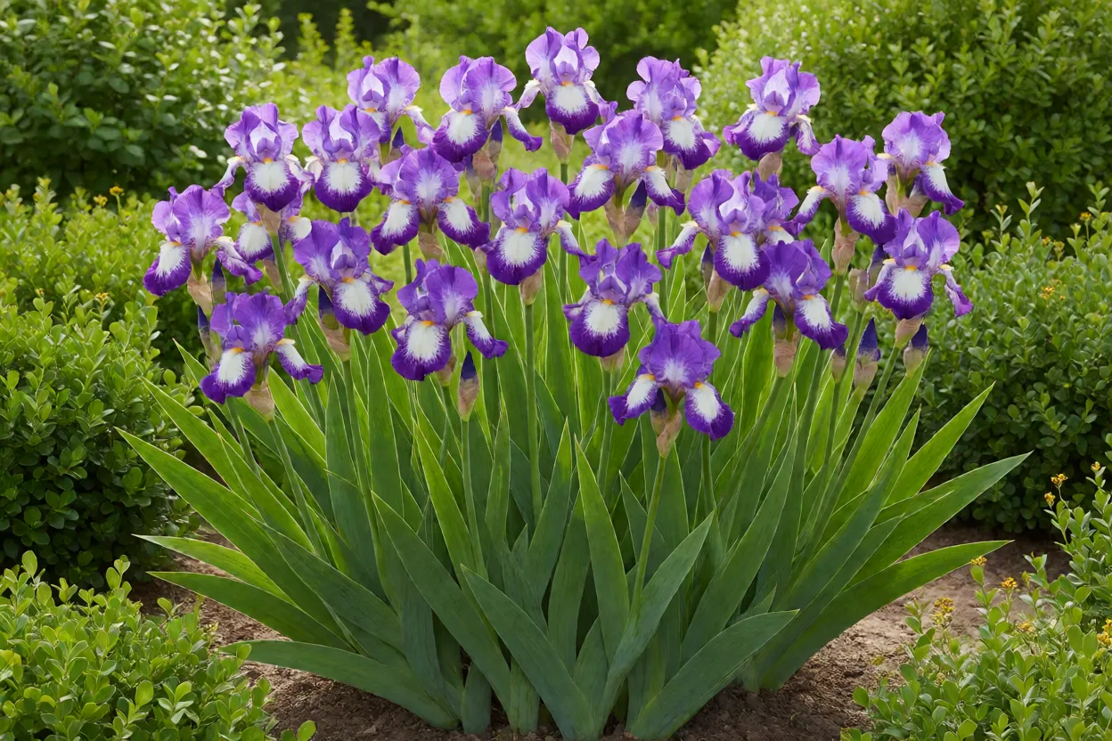 Íris barbada roxa e branca em canteiro de jardim com folhas em forma de espada