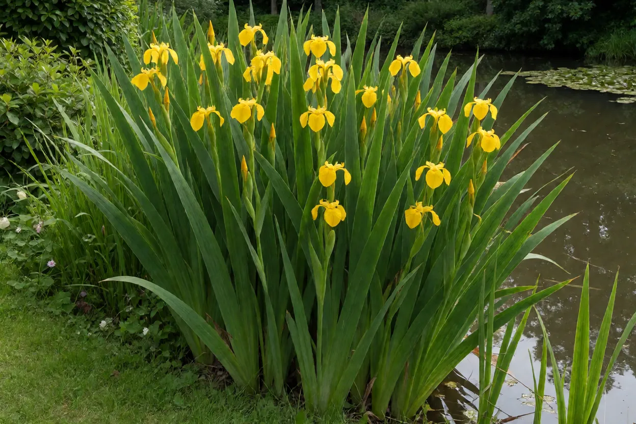 Íris-amarelo adulta florida na borda de lago no jardim