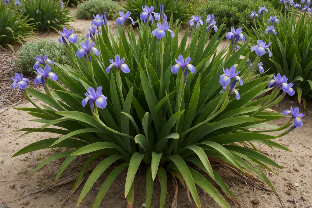 Íris-da-praia adulta em jardim litorâneo com touceira de folhas em espada e flores azul-arroxeadas