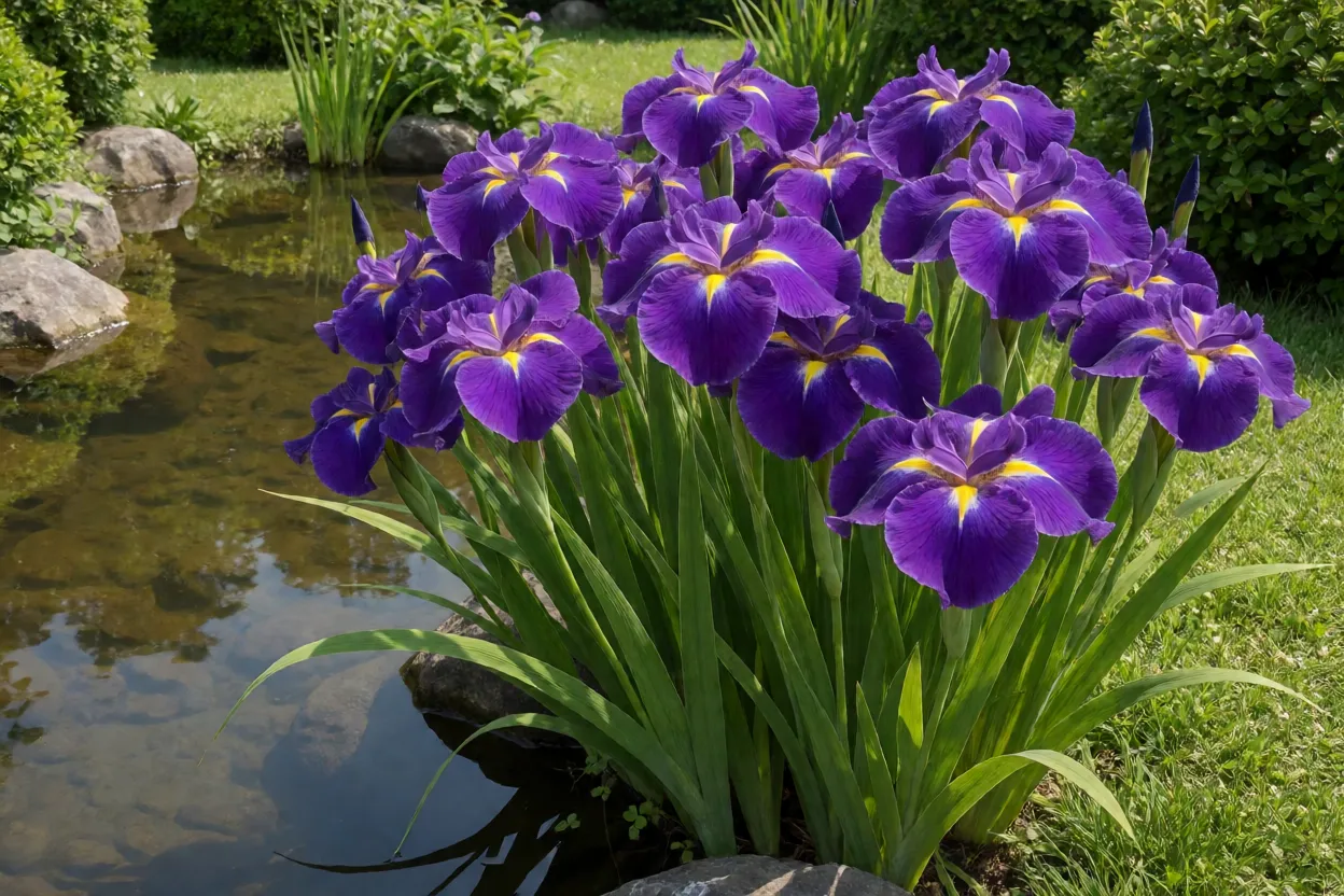 Íris-japonesa adulta florida na borda de lago no jardim