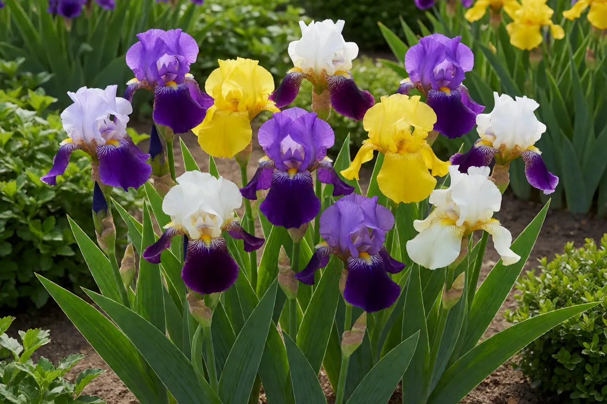 &Iacute;ris de cores variadas em um canteiro de jardim