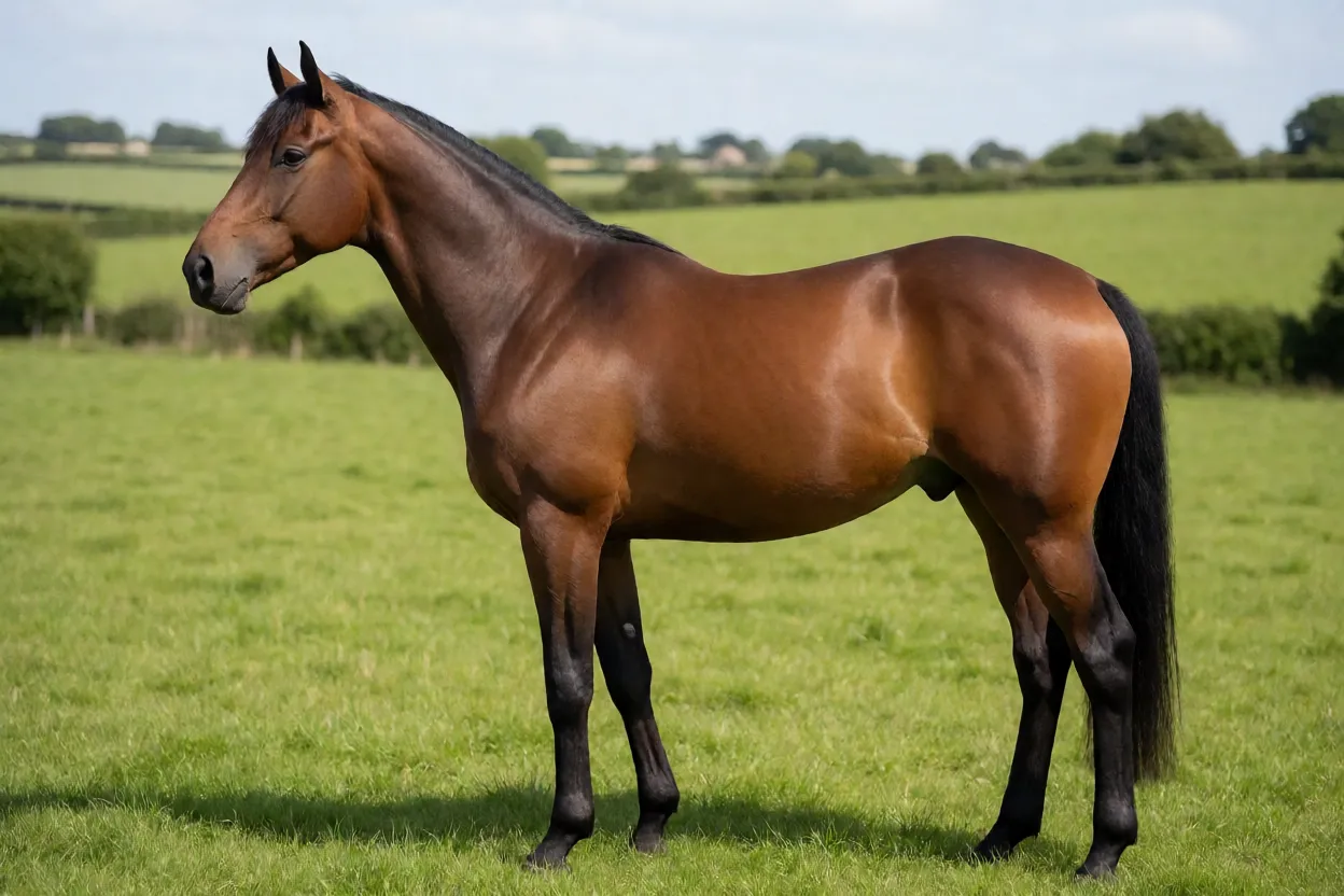 Cavalo Irish Sport Horse adulto de pelagem baia em pé de perfil em pastagem verde