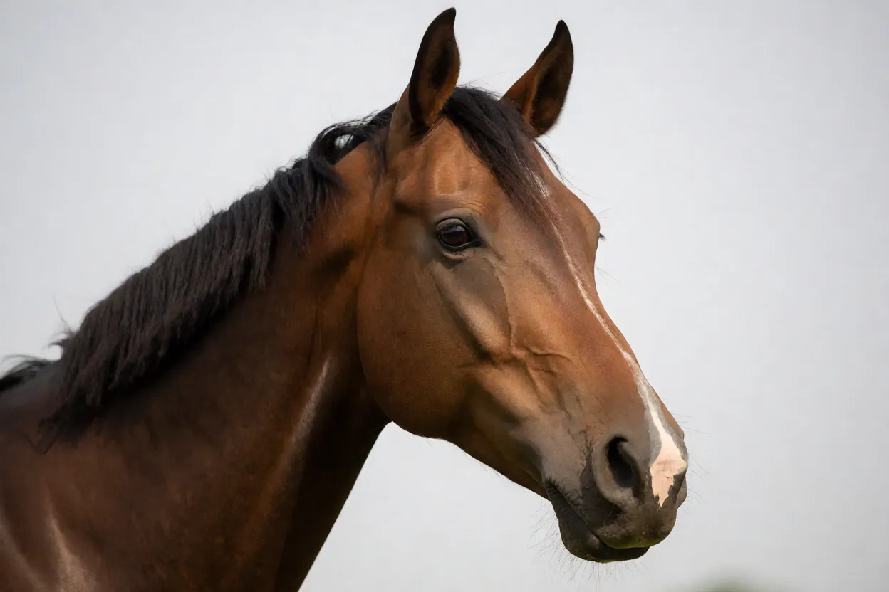 Retrato da cabeça de cavalo Irish Sport Horse baio com olhos expressivos