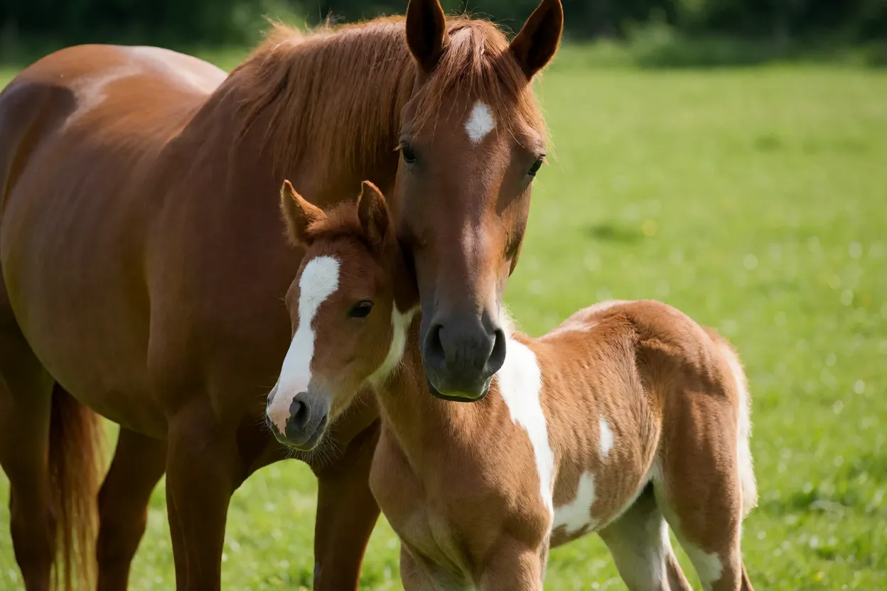 Égua Irish Sport Horse com seu potro em pastagem