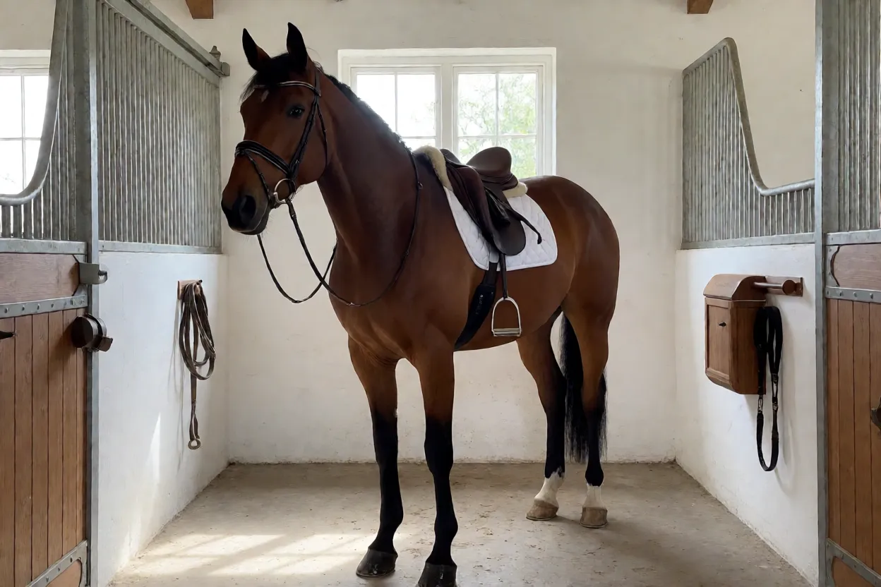 Cavalo Irish Sport Horse baio com sela inglesa em baia limpa