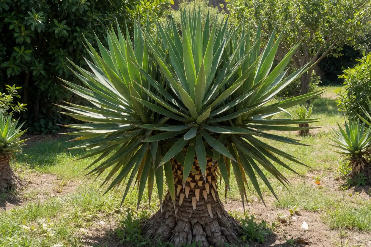 Iuca-mansa adulta com tronco grosso e folhas em espada em jardim ensolarado