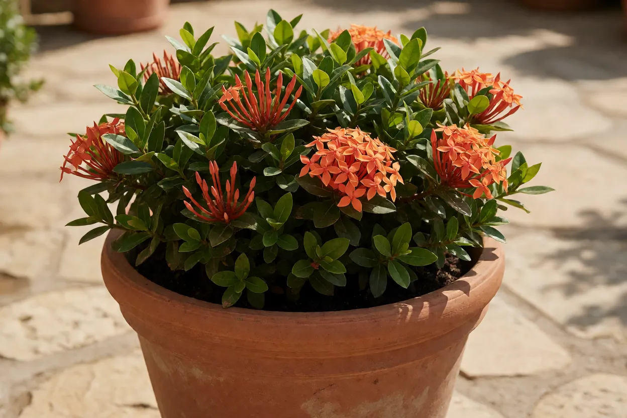 Ixora-anã laranja plantada em vaso grande em varanda ensolarada
