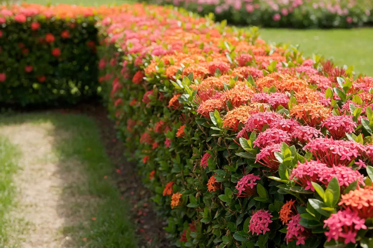 Cerca-viva de ixora vermelha bem podada ao longo de caminho no jardim
