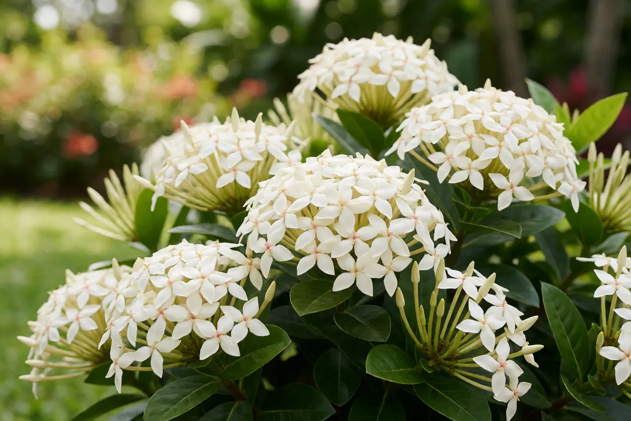 Ixora branca com buquês creme em jardim
