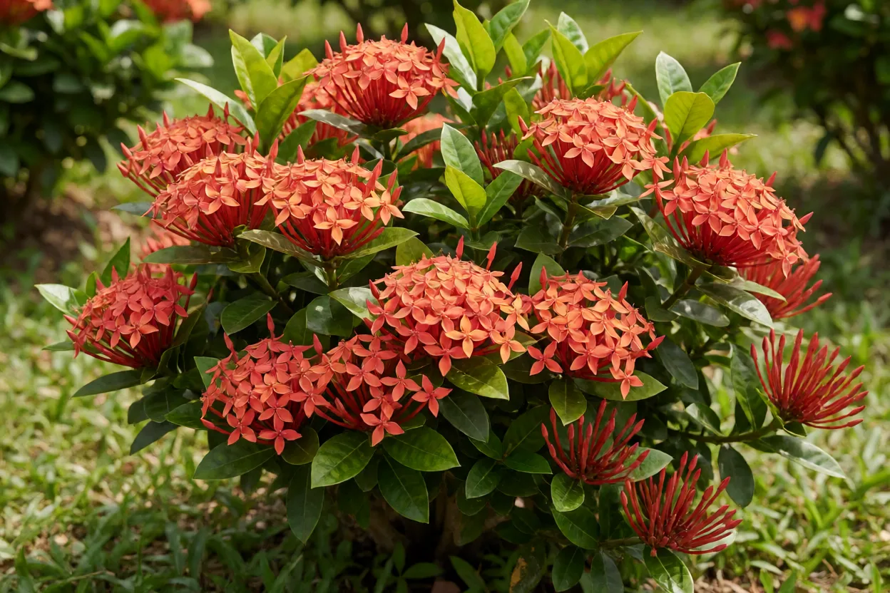 Ixora-chinesa arbusto florido com buquês vermelho-alaranjados em jardim a sol pleno