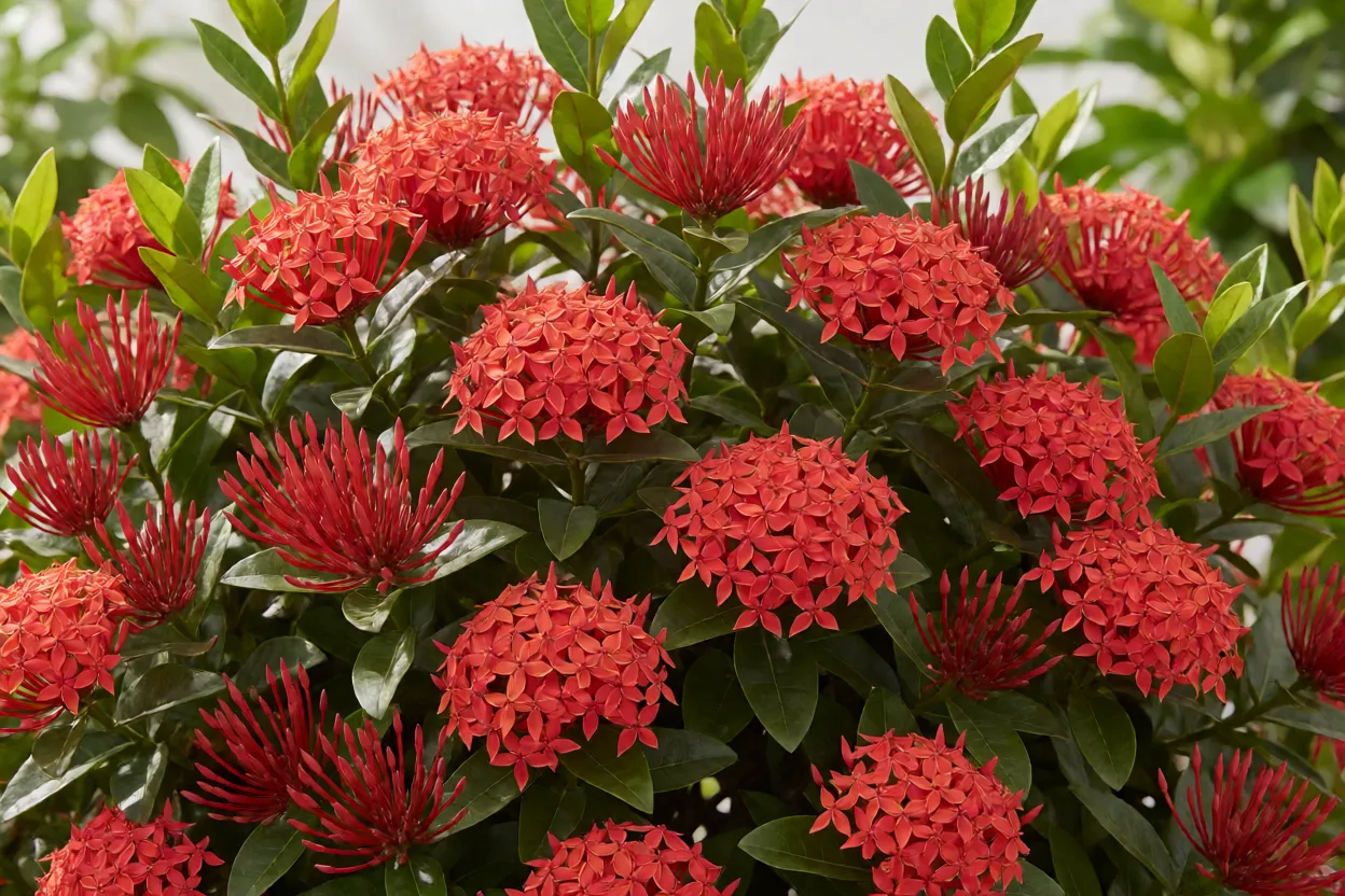 Arbusto de ixora com buqu&ecirc;s de flores vermelhas e folhagem verde-escura