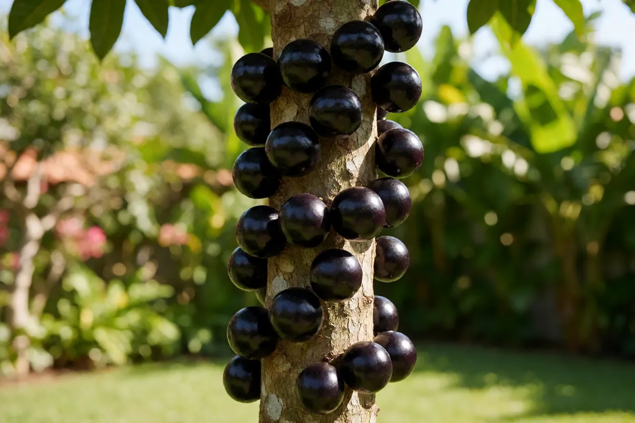 Jabuticabeira-híbrida Jabuticabeira-híbrida carregada de frutos pretos no tronco em quintal ensolarado