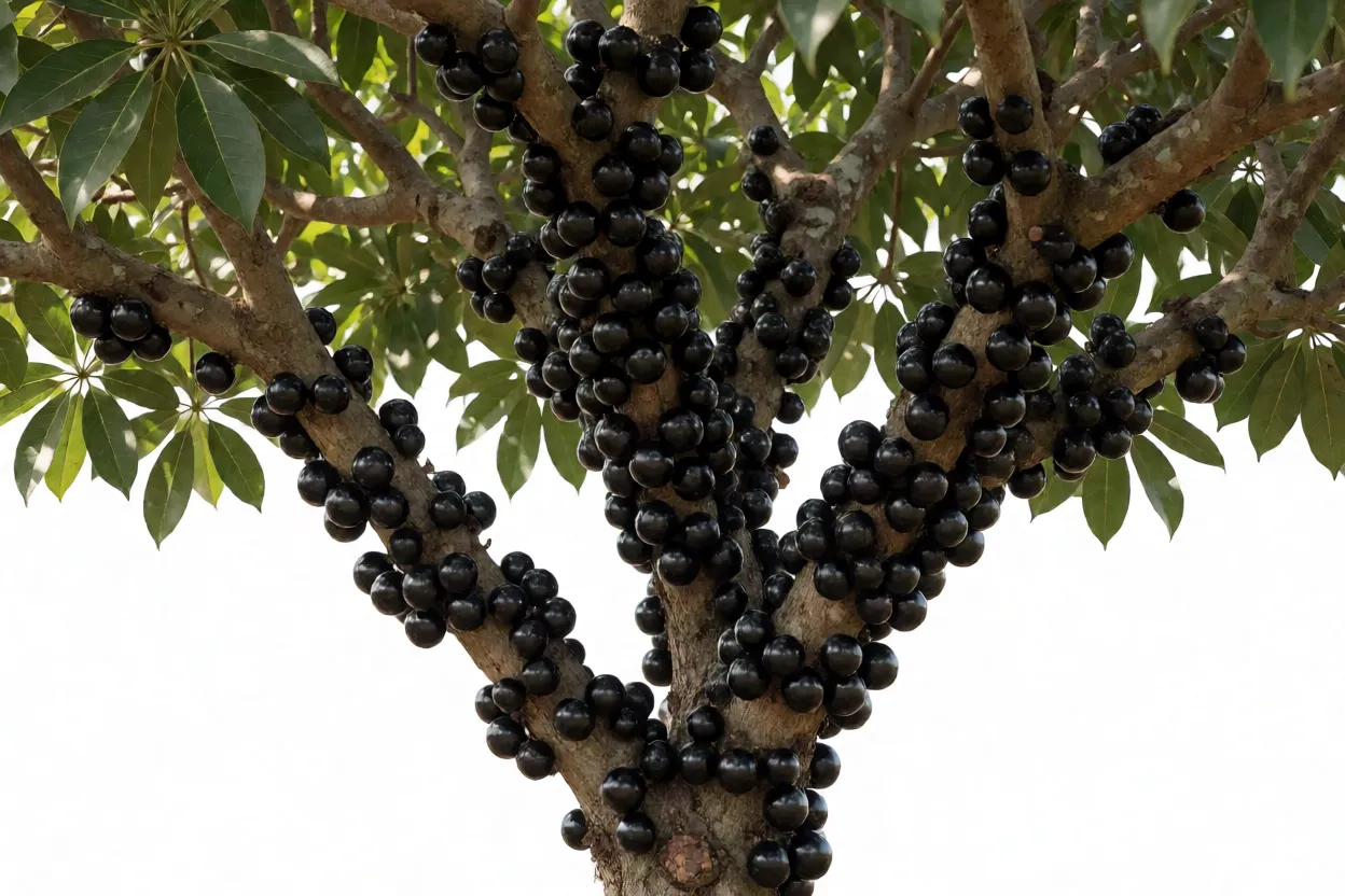 Jabuticabeira adulta com frutos pretos cobrindo o tronco