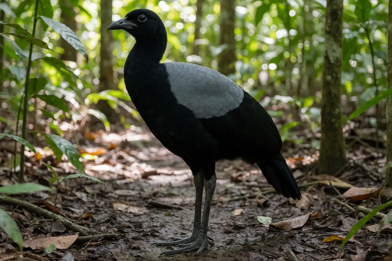 Jacamim de costas cinzentas em pé no chão da floresta amazônica