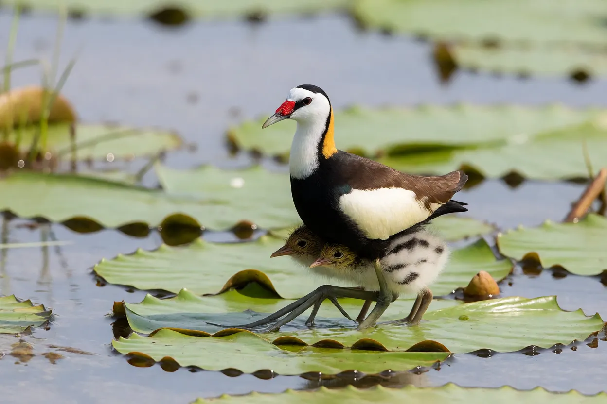 Macho de jacana carregando filhotes sob as asas
