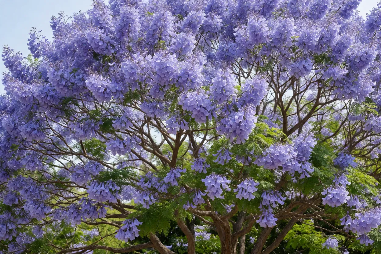 Jacarand&aacute; mimoso adulto em flora&ccedil;&atilde;o com flores lil&aacute;s cobrindo a copa