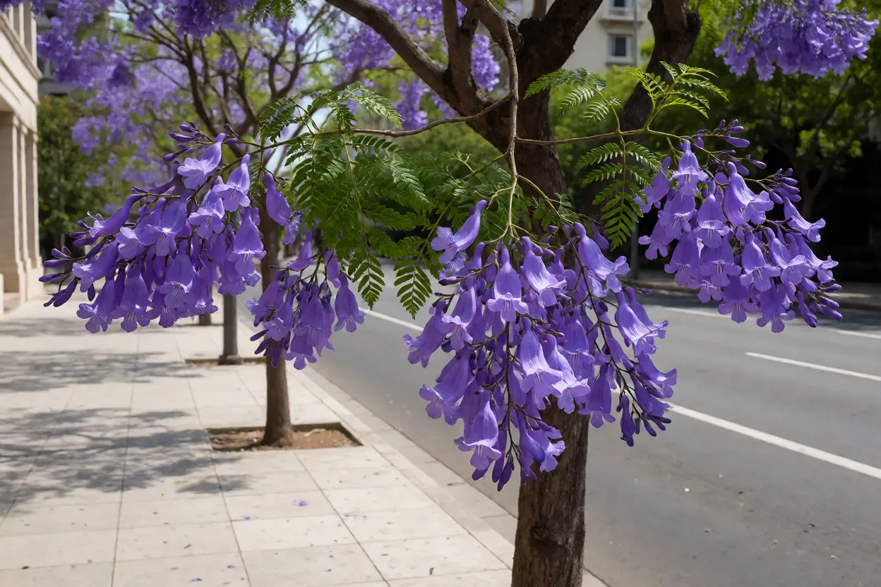 Jacarand&aacute; mimoso plantado em cal&ccedil;ada ampla urbana