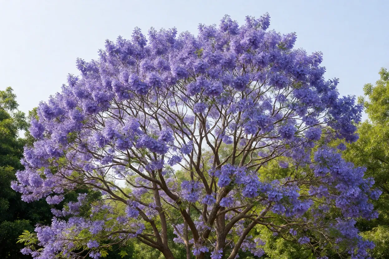 Copa de jacarand&aacute; mimoso coberta de flores azul-violeta na primavera