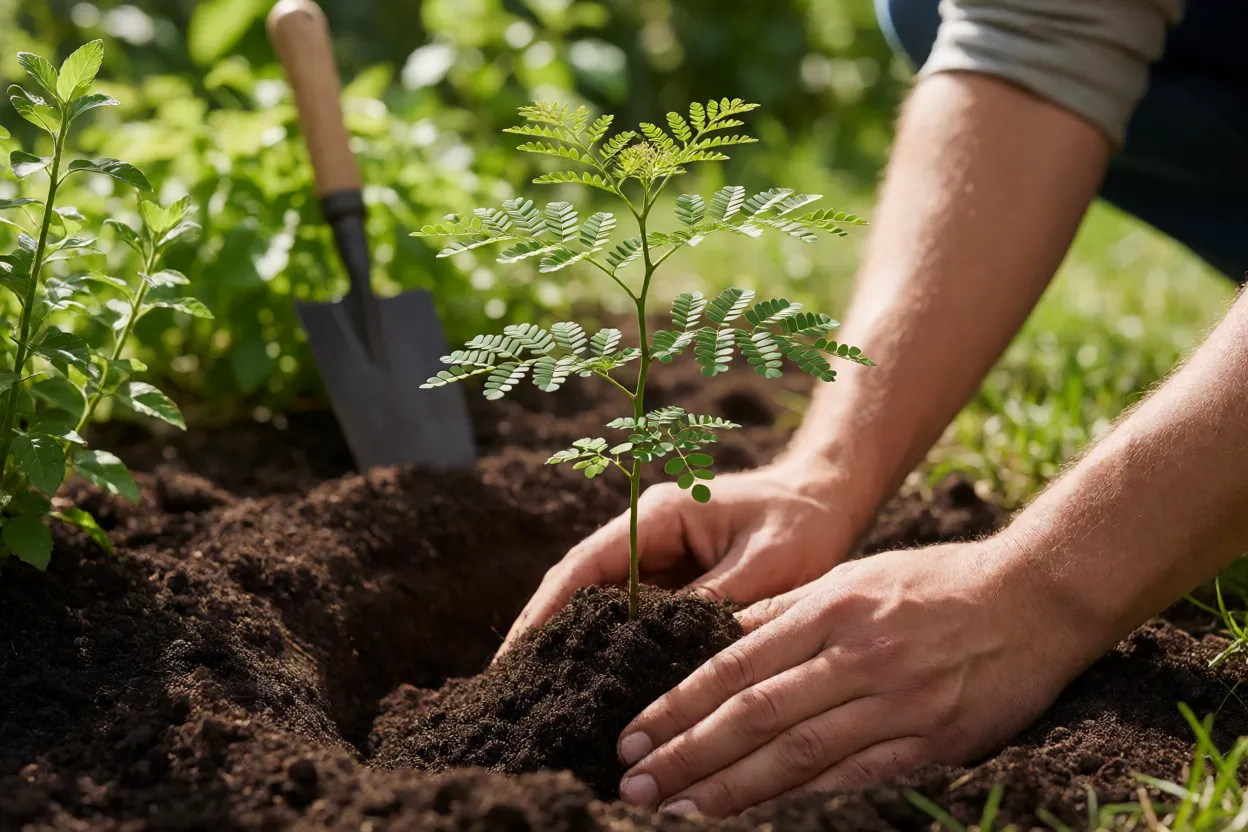 Plantio de muda de jacarand&aacute; mimoso em cova preparada