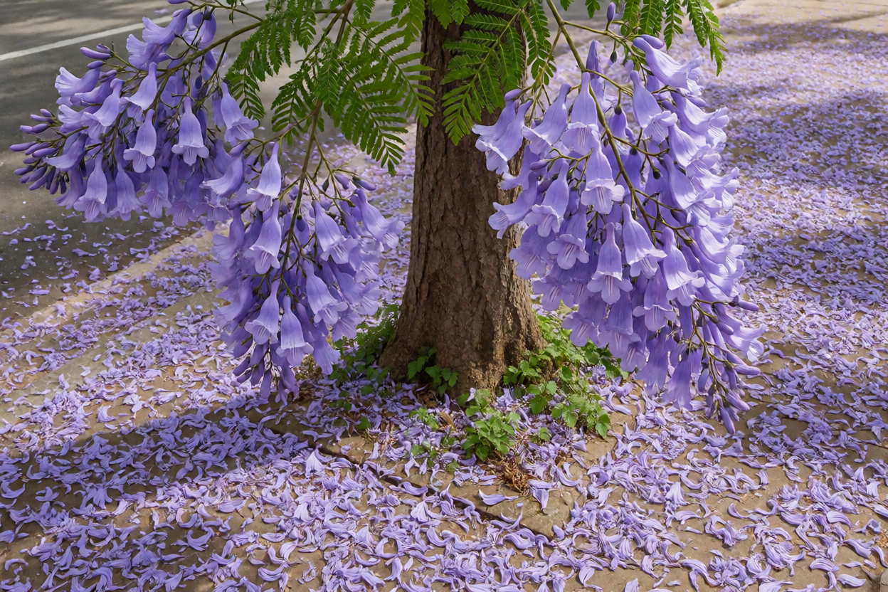 Jacarandá florido em avenida urbana no final do inverno