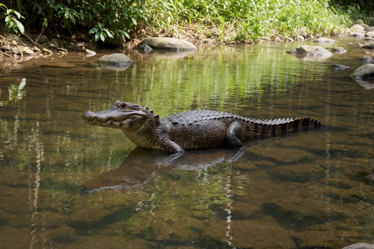 Jacaré-coroa adulto de corpo inteiro em igarapé raso da Amazônia